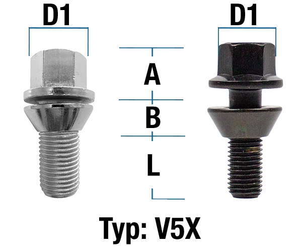 Radschraube M12X1,25 Kegel 60° zweiteilig Typ V5X (V5V/V5W) - L: 32 - 54 mm