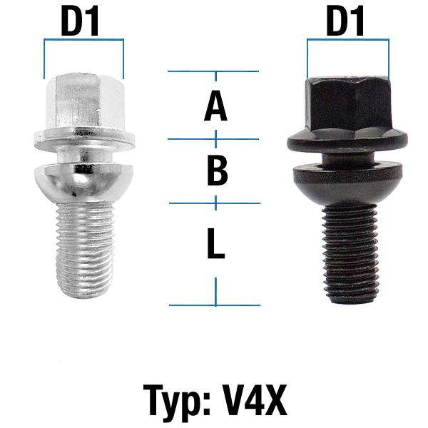 Radschraube  M14X1,25 Kugel R12 zweiteilig Typ V4X (V4V/V4W) - L: 26 - 52 mm