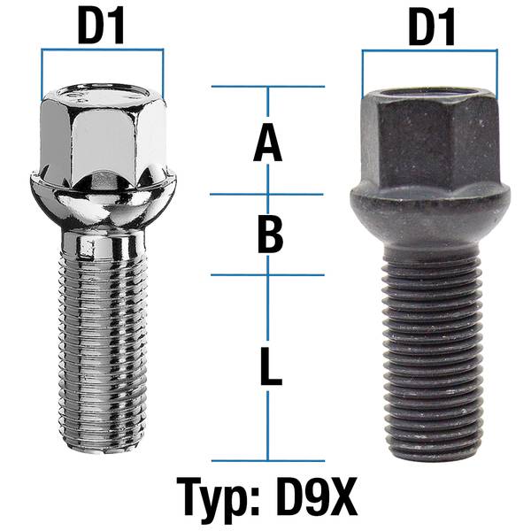 Radschraube M14X1,5 Kugel R12 Typ D9X (D9V/D9W) - L: 25 - 64 mm