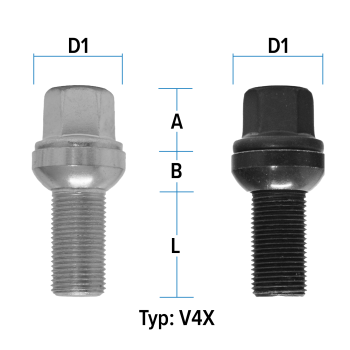 Radschraube M14X1,5 Kugel R13 zweiteilig Typ V4X (V4V/V4W) - L: 26 - 58 mm