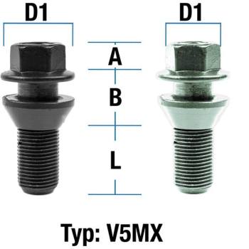 Radschraube M15X1,25 Kegel 60° zweiteilig Typ V5MX (V5M/V5MW) - L: 27 - 30 mm