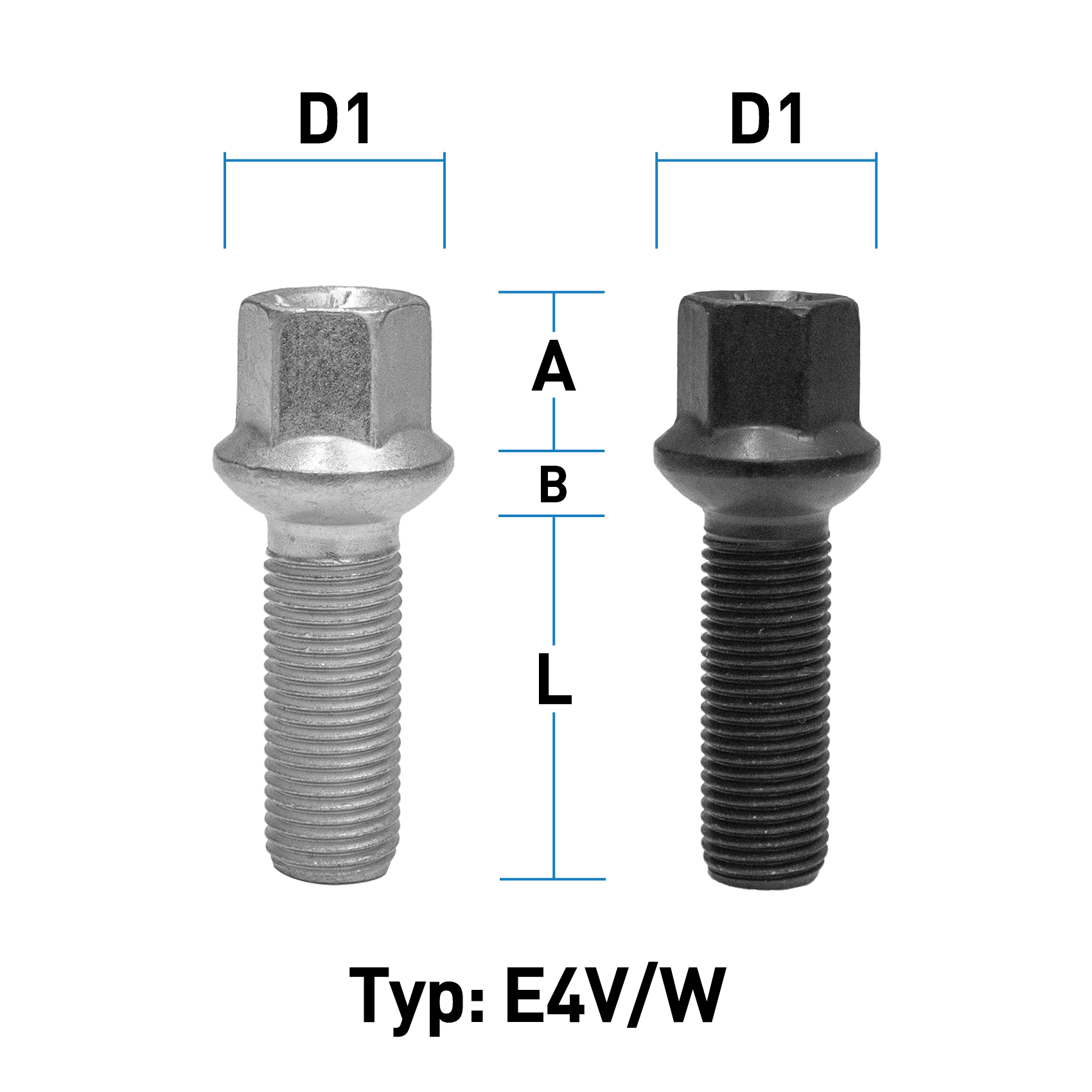 Radschraube M14X1,5 Kugel R14 Typ E4X (E4V/E4W) - L: 27 - 65 mm