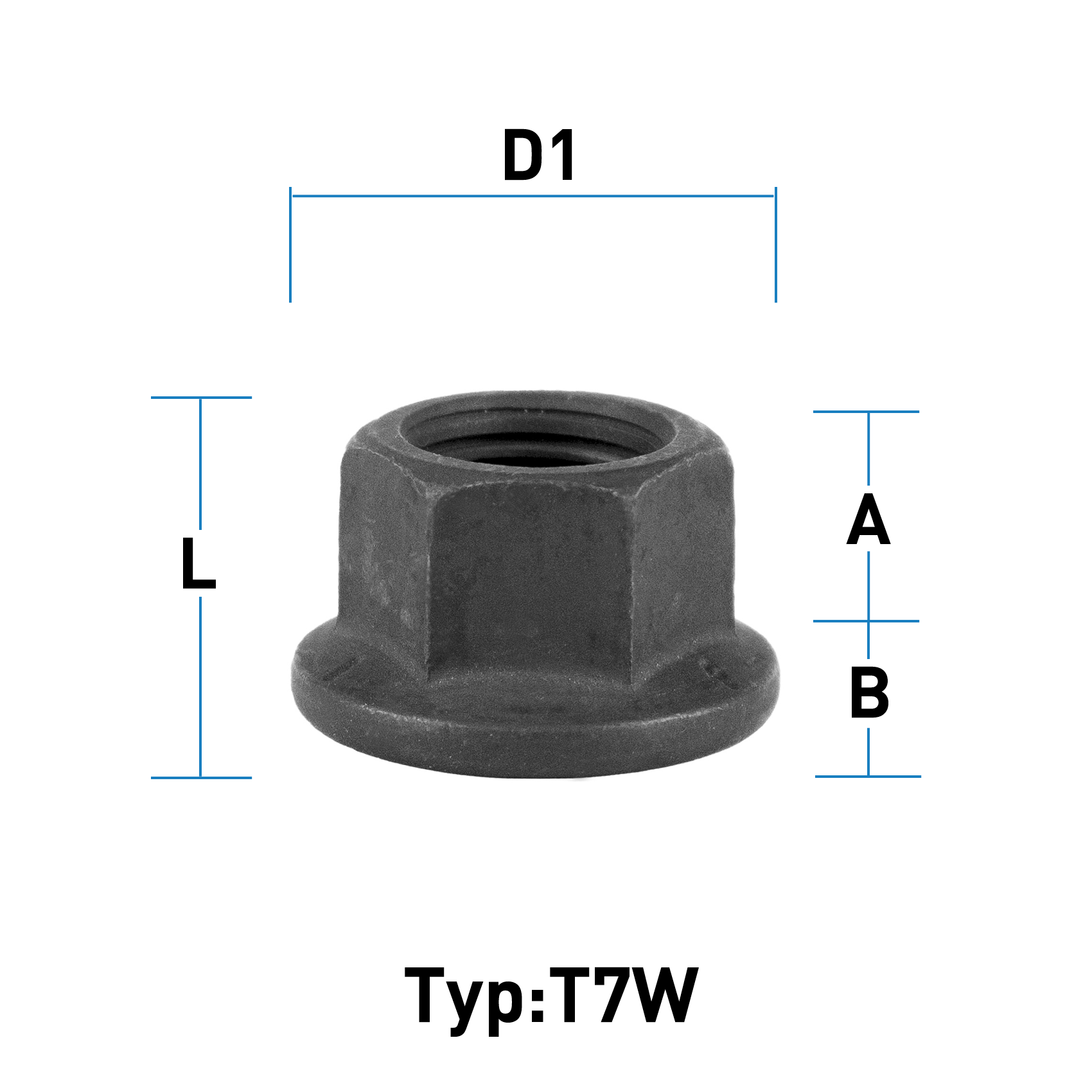 Radmutter M14X1,5 Flachbund  Typ T7W - H: 16 mm 