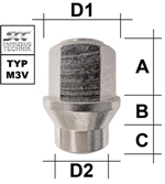 Radmutter M12X1,25 KEGEL 60° + Schaft Typ M4V - H: 34 mm