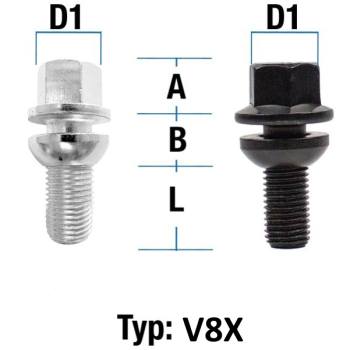 Radschraube M12X1,15 Kugel R13 zweiteilig Typ V8X (V8V/V8W) - L: 32 - 54 mm