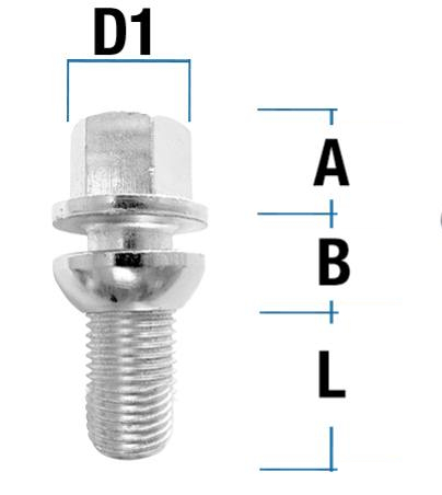 Radschraube M12X1,25 Kugel R13 zweiteilig Typ V4V - L: 26  - 52 mm