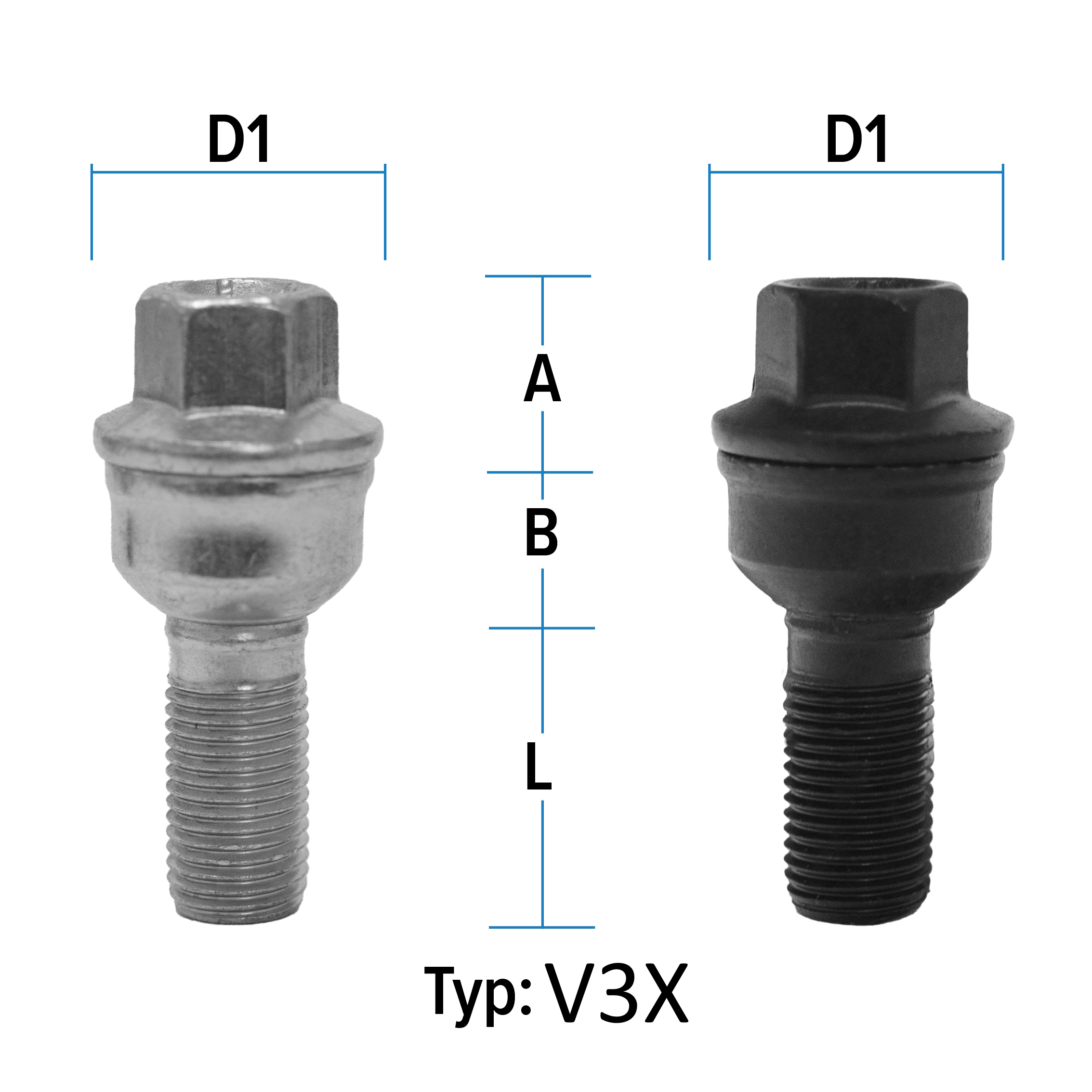 Radschraube M14X1,5 Kugel R14 zweiteilig Typ V3X (V3V/V3W) - L: 25 - 60 mm